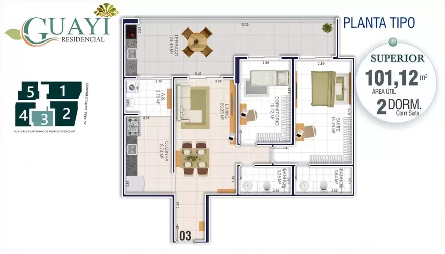 Planta 3 - 101,12m² 2 Dormitórios